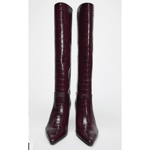 Zara heel embossed boots knee high sexy 90s Y2K burgundy red sz 7.5 - Picture 1 of 9